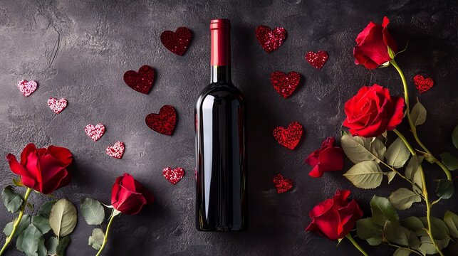 Flat lay image with a wine bottle, red roses in full bloom, metallic heart sequins, and subtle shadows creating elegant space for a promotional message