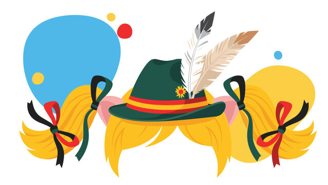 Traditional green alpine hat with feathers and yellow braids tied with ribbons on a colorful abstract background.
