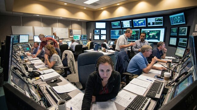 Busy Mission Control Center with Many Screens and Professionals Working Together