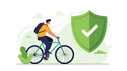Fototapeta premium Male cyclist with a backpack rides past a large green security shield with a white checkmark representing safety and insurance.