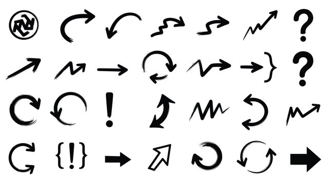 Collection of various hand-drawn black arrows, circles, and punctuation marks like question and exclamation points on a white background.