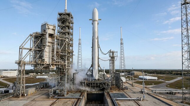 Advanced rocket stands on the launchpad, performing a crucial static fire test, releasing powerful exhaust plumes into the sky in preparation for an ambitious space exploration mission