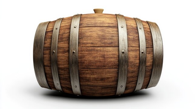 Horizontal 3D illustration of a wine barrel with natural wooden tones and brushed metal straps, floating above white with soft drop shadow