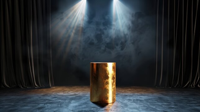 Golden pedestal illuminated by spotlight in dark stage setting with dramatic curtains and atmospheric smoke effects