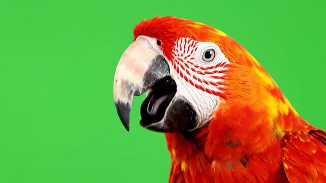 A vibrant, colorful parrot with an open beak against a solid green background