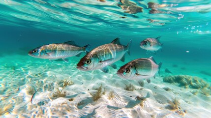 Fototapeta premium Underwater Scene with Tropical Fish Swimming Over Sandy Ocean Floor in Clear Blue Water