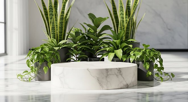 Marble Podium with Sansevieria and Green Potted Plants in Minimalist Scene
