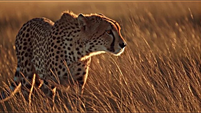 Cheetah walking through tall grass in golden hour light