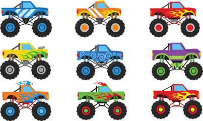 Vector illustration of colorful monster trucks with oversized tires, flame patterns, swirl designs, elevated suspensions for automotive, racing, entertainment, and design projects © Hello there