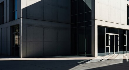 Obraz premium Modern architectural building with glass windows and shadows.