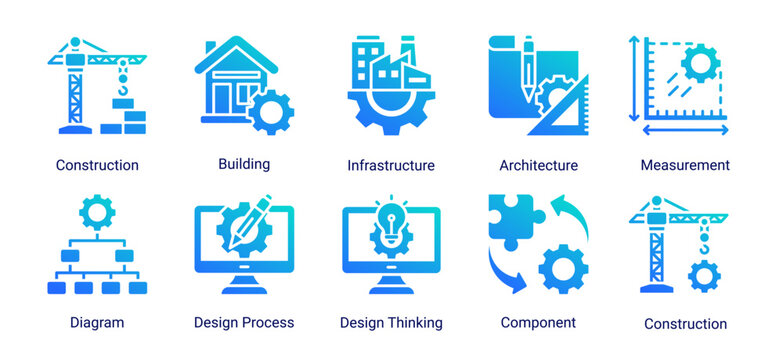 Construction and engineering icon set featuring building,infrastructure,architecture,and design process.Ideal for engineering and development projects.
