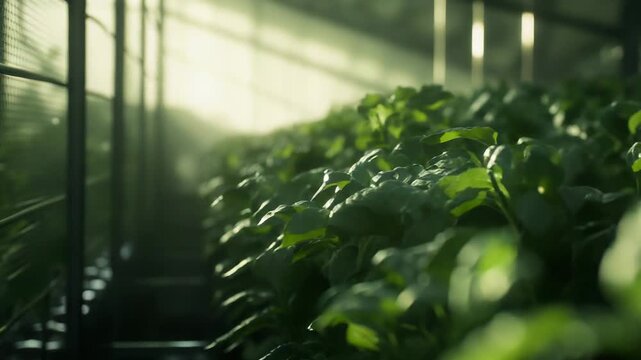 Lush green plants thriving in a climate controlled greenhouse environment, receiving ample sunlight and mist for optimal growth and sustainable farming practices