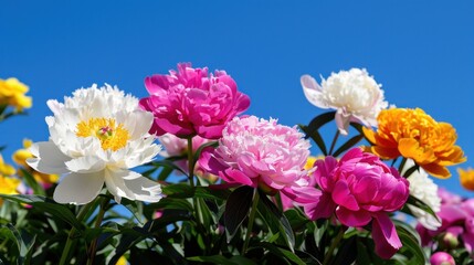 Obraz premium Colorful Peony Flower Blooming Under Clear Blue Sky in Vibrant Garden Setting