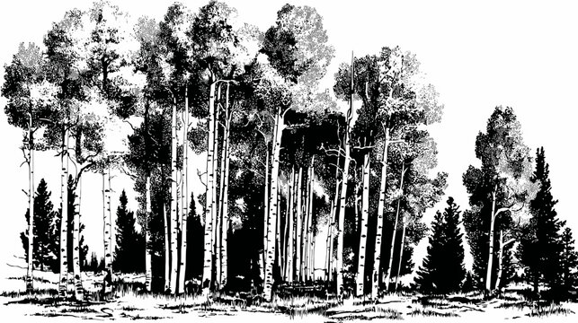 A black and white illustration of a forest scene with trees, grass, and a white background