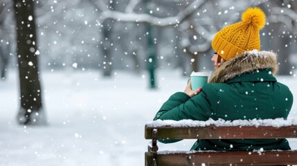 Naklejka premium Woman in Warm Clothing Sips Beverage While Enjoying a Snowy Winter Landscape in City Park