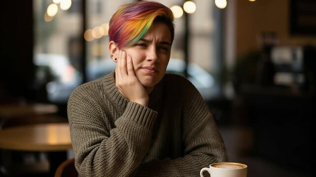 Young non-binary person with rainbow hair experiencing toothache or jaw pain in a cafe setting