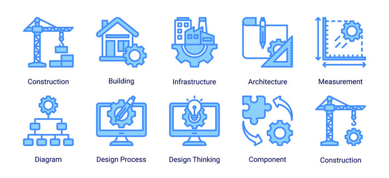 Construction and engineering icon set featuring building,infrastructure,architecture,and design process.Ideal for engineering and development projects.