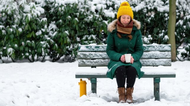 Cheerful Woman in Winter Coat Enjoying Hot Beverage on Snowy Park Bench with Falling Snow Flakes in a Cozy Atmosphere