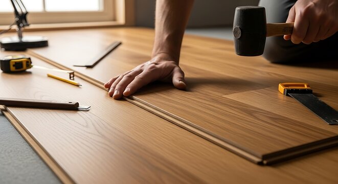 Precise Wood Flooring Installation with a Rubber Mallet and Professional Tools