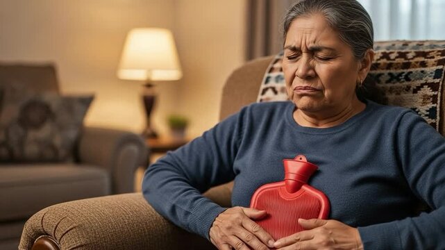 Senior Hispanic woman suffering from menopause abdominal cramps using a red hot water bottle at home