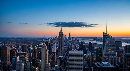 Obraz premium Panoramic evening view over a world-renowned metropolis, highlighting architectural marvels and the serene glow of dusk over an expansive urban landscape from a high vantage point