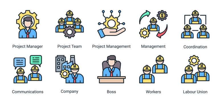 Construction team and management icon set featuring leadership,coordination,workforce,and communication.Ideal for organization and business management concepts.
