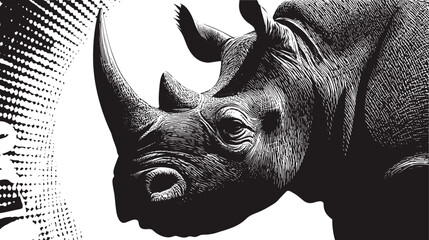 Fototapeta premium Detailed monochrome illustration of a rhinoceros head with visible skin texture and horn