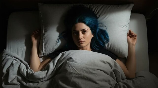 Young woman with blue hair suffering from insomnia and sleep paralysis in bed at night