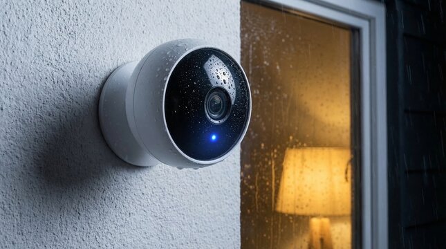 Outdoor Smart Security Camera with Raindrops on Wall at Night