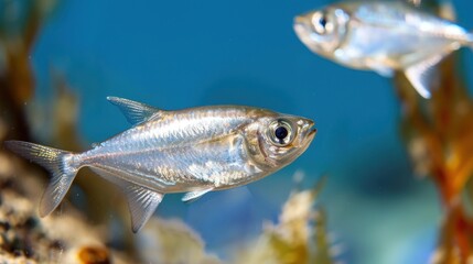 Fototapeta premium Close-up of Silver Fish Swimming Gracefully Underwater in a Vibrant Coral Reef Environment