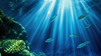Naklejka premium Underwater Scene with Sunlight Rays Illuminating Colorful Fish and Coral in the Deep Sea