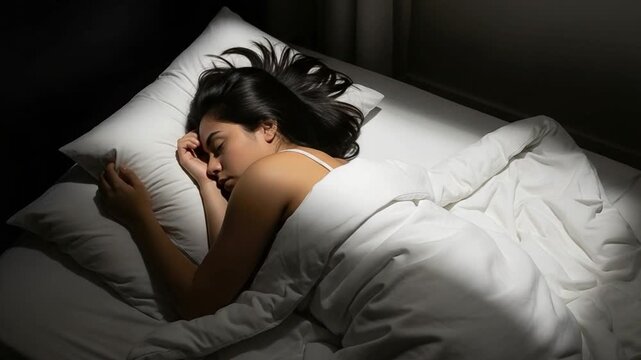 Young brunette woman sleeping peacefully in white bed for deep REM sleep and circadian health