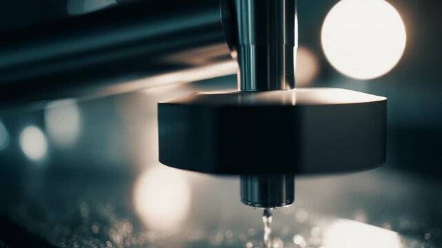 Industrial cnc machine spindle preparing to drill a metal part with cooling fluid, representing manufacturing, automation, engineering, and modern factory production