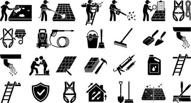 Gutter cleaning service and home roof maintenance vector illustration
