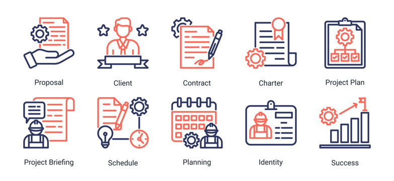 Construction project planning icon set featuring proposal,contract,scheduling,and business strategy.Ideal for planning,management,and workflow concepts.