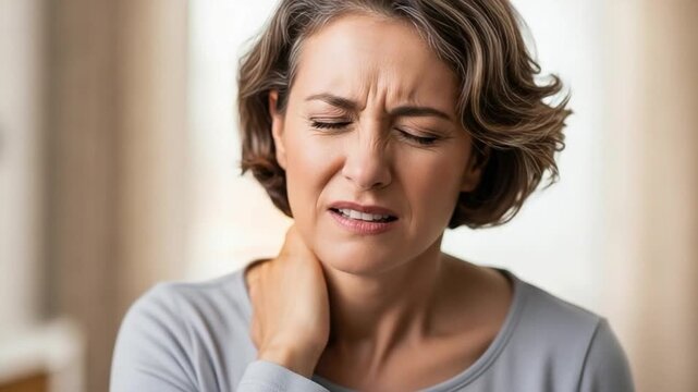 Mature woman grimacing with severe neck stiffness and cervical spine discomfort