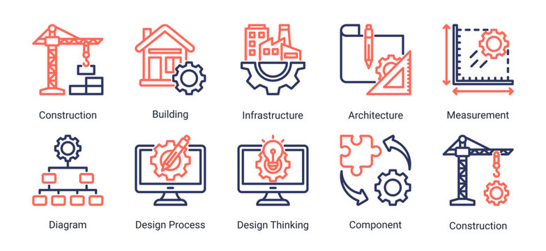Construction and engineering icon set featuring building,infrastructure,architecture,and design process.Ideal for engineering and development projects.