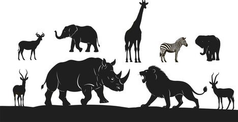 Safari animals silhouettes on plain background: rhino lion elephants zebra giraffe antelope. © MdAzmol