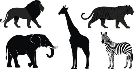 African safari animals silhouettes, lion elephant giraffe zebra tiger. © MdAzmol