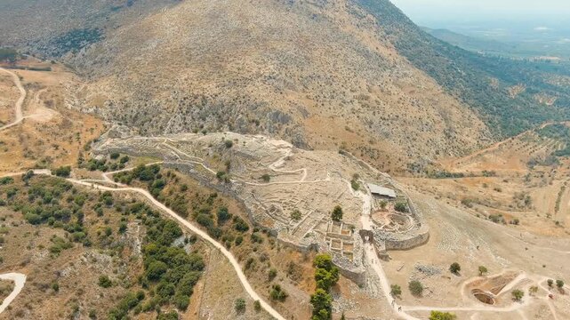 Mycenae, Greece. Excavation site: Greek settlement of the 12th century BC. e. with the ruins of the acropolis, palace and tombs. Drone footage, Point of interest