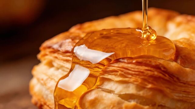 Golden honey pouring over a flaky layered pastry, suitable for food blogs, bakery websites, dessert menus, cooking magazines, and sweet advertisements.