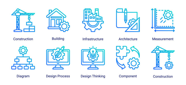 Construction and engineering icon set featuring building,infrastructure,architecture,and design process.Ideal for engineering and development projects.