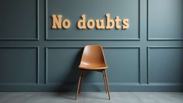 Single chair with no doubts text representing unquestioned authority certainty narrative and lack of critical evaluation within political systems