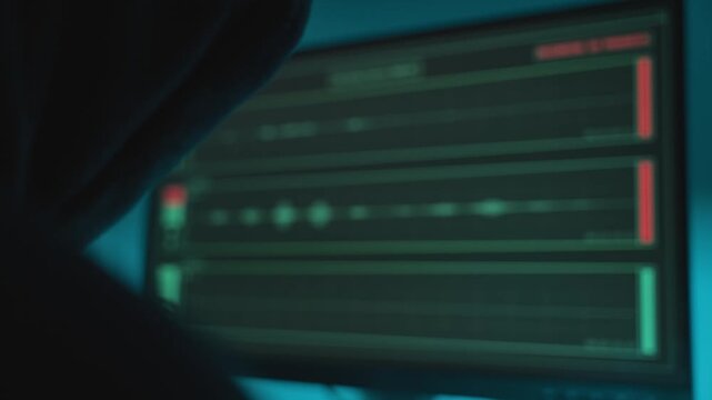 Hacker with black hoodie looking at computer monitor with audio recording app capturing sound remotely and secretly. Wiretapping and surveillance. Privacy breach. Dark web and corruption fraud crime