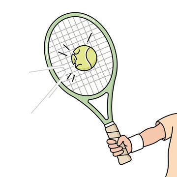 Tennis player hitting ball with racket, cartoon style