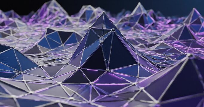 Abstract geometric landscape featuring interconnected pyramids with vibrant lighting effects