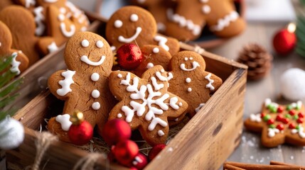 Fototapeta premium Festive Christmas Gingerbread Cookies in a Wooden Box Surrounded by Holiday Decorations