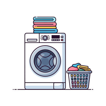 Modern Washing Machine with Stacked Laundry and Clothes Basket - Flat Design