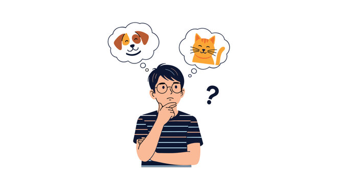 Pensive young man with glasses touching his chin while thinking about choosing between a pet dog and a cat in thought bubbles.