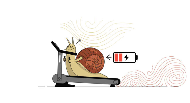 Tired snail character exercising on a treadmill with a low battery icon indicating exhaustion and lack of energy or slow progress.
